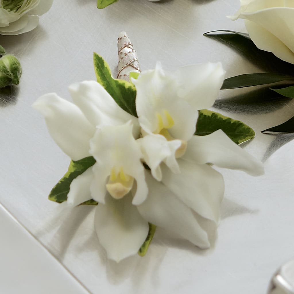 White Mini Cymbidium Boutonniere – ALISA'S UNIQUE DESIGNS, Spencer WV