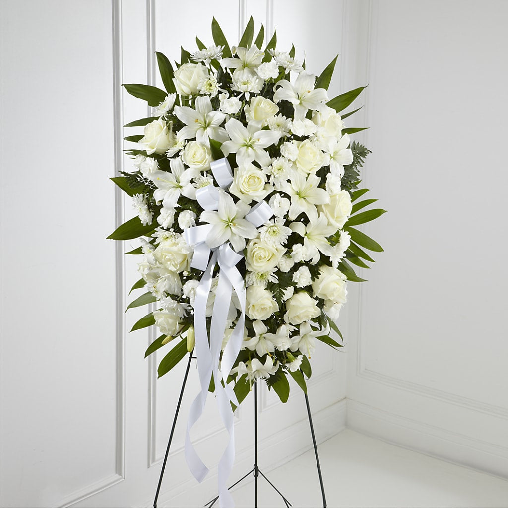 Exquisite Tribute Standing Spray-White Ribbon – ALISA'S UNIQUE DESIGNS, Spencer WV