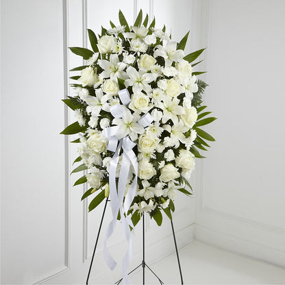 Exquisite Tribute Standing Spray-White Ribbon – ALISA'S UNIQUE DESIGNS, Spencer WV