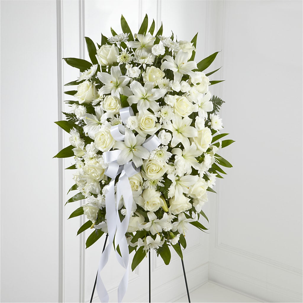 Exquisite Tribute Standing Spray-White Ribbon – ALISA'S UNIQUE DESIGNS, Spencer WV