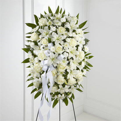 Exquisite Tribute Standing Spray-White Ribbon – ALISA'S UNIQUE DESIGNS, Spencer WV