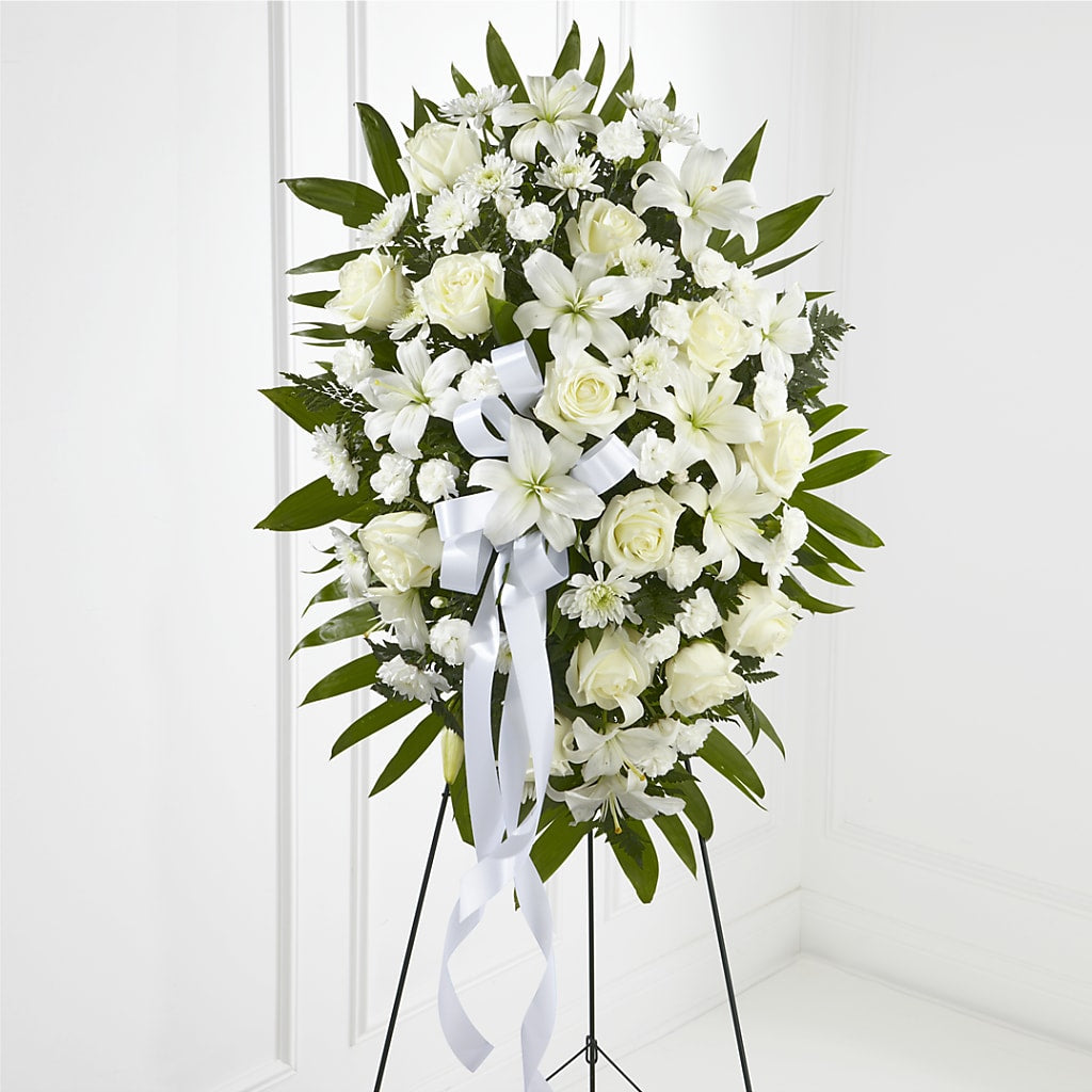 Exquisite Tribute Standing Spray-White Ribbon – ALISA'S UNIQUE DESIGNS, Spencer WV