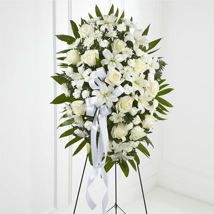 Exquisite Tribute Standing Spray-White Ribbon – ALISA'S UNIQUE DESIGNS, Spencer WV