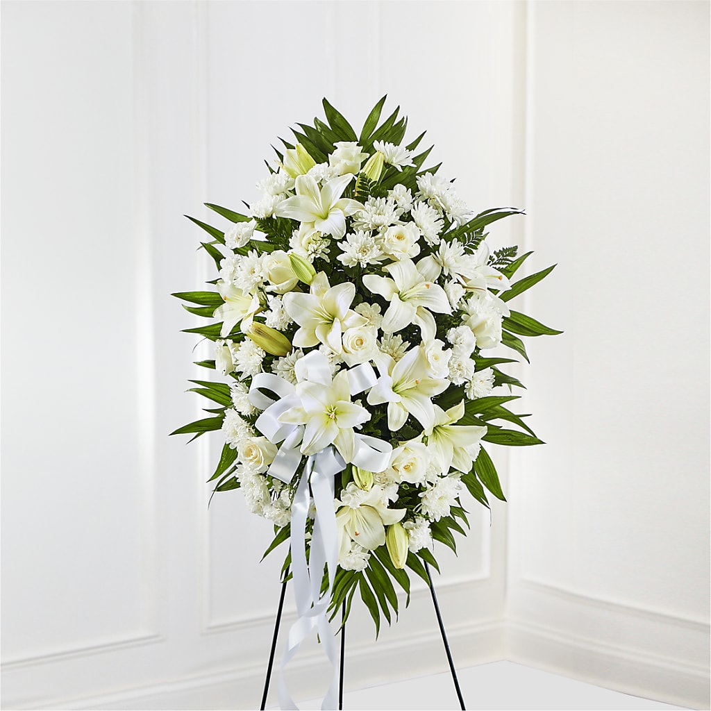 Exquisite Tribute Standing Spray-White Ribbon – ALISA'S UNIQUE DESIGNS, Spencer WV