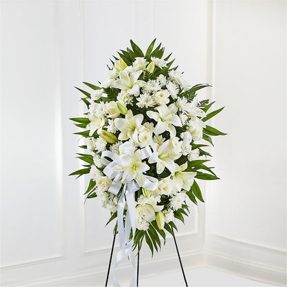 Exquisite Tribute Standing Spray-White Ribbon – ALISA'S UNIQUE DESIGNS, Spencer WV