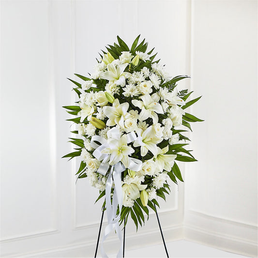 Exquisite Tribute Standing Spray-White Ribbon – ALISA'S UNIQUE DESIGNS, Spencer WV